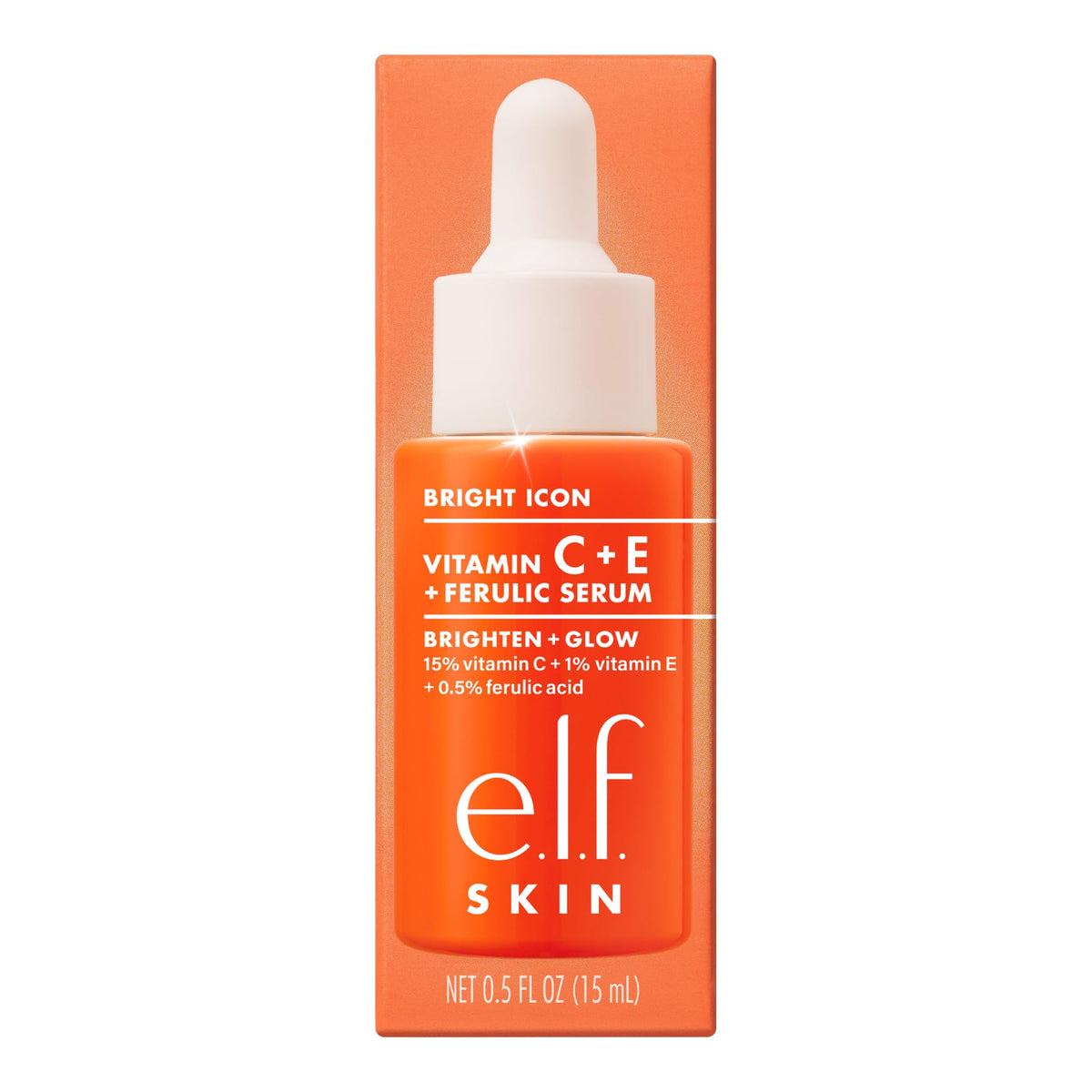 e.l.f. Bright Icon ingredient callout with vitamin C, E and ferulic acid to show antioxidant benefits