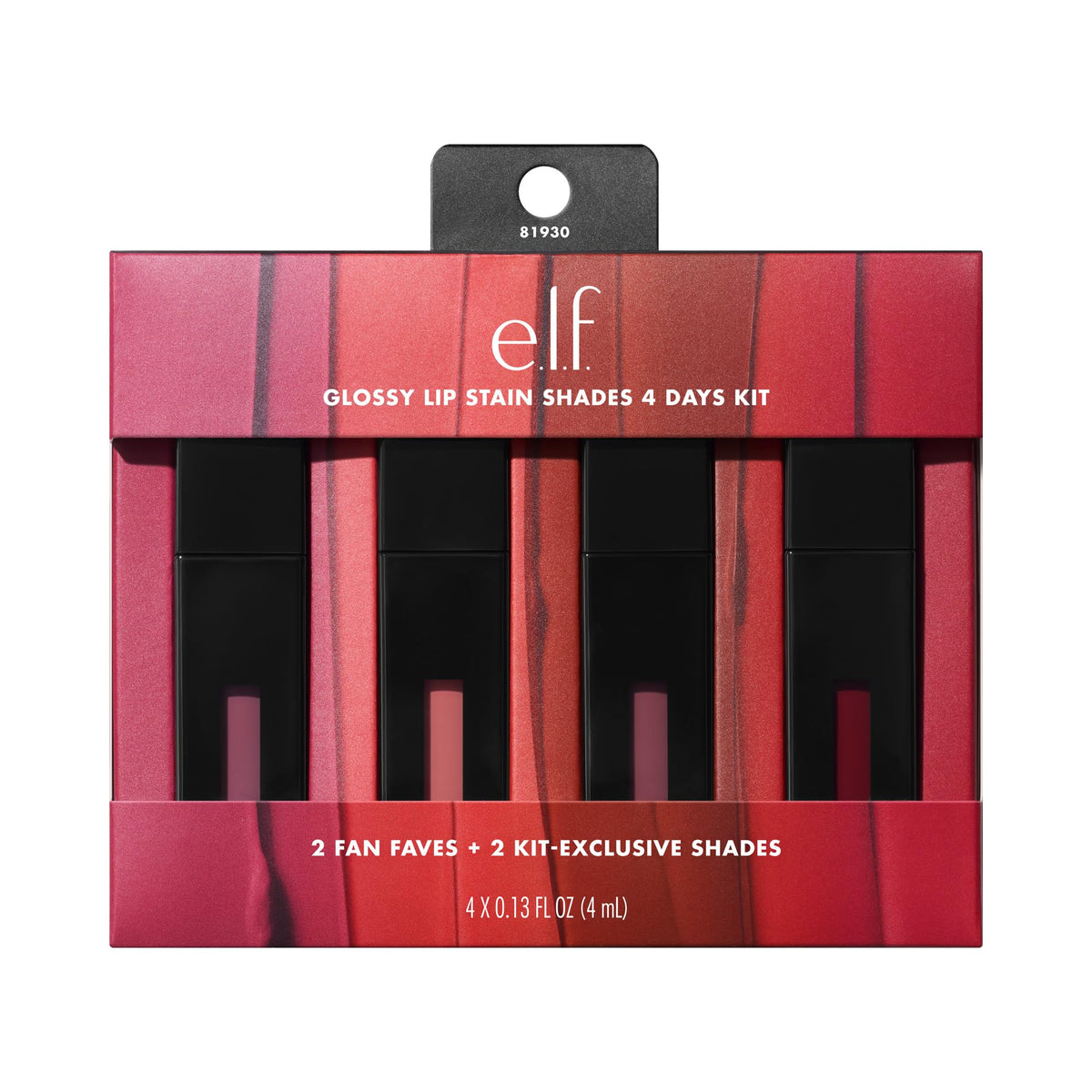 e.l.f. front packaging showing four gloss stain tubes, travel-friendly variety