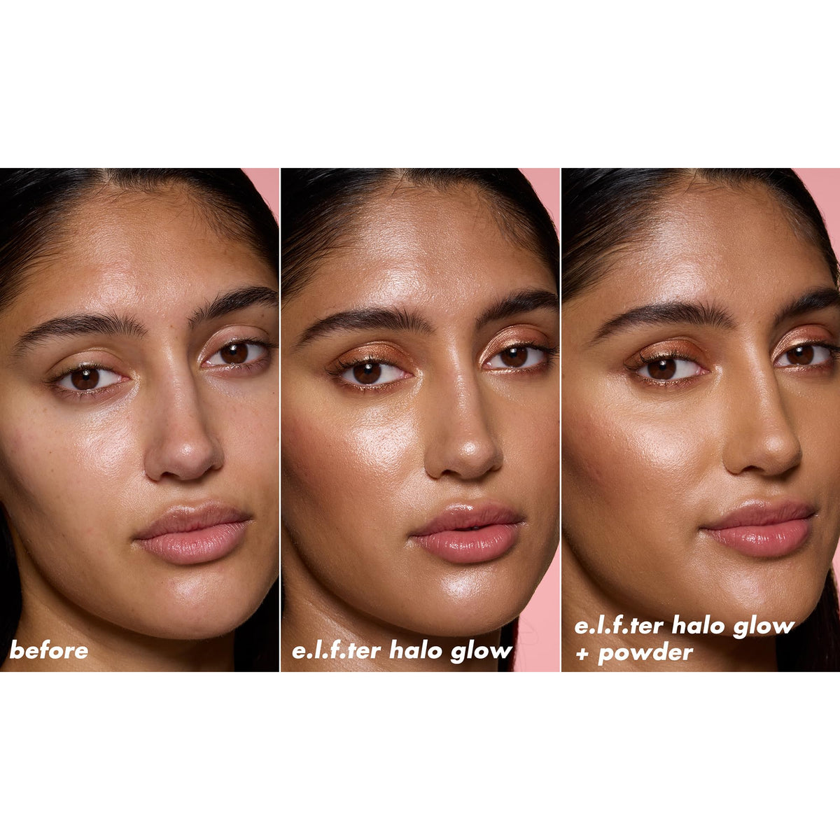 e.l.f. Halo Glow before and after split face showing pore blurring effect