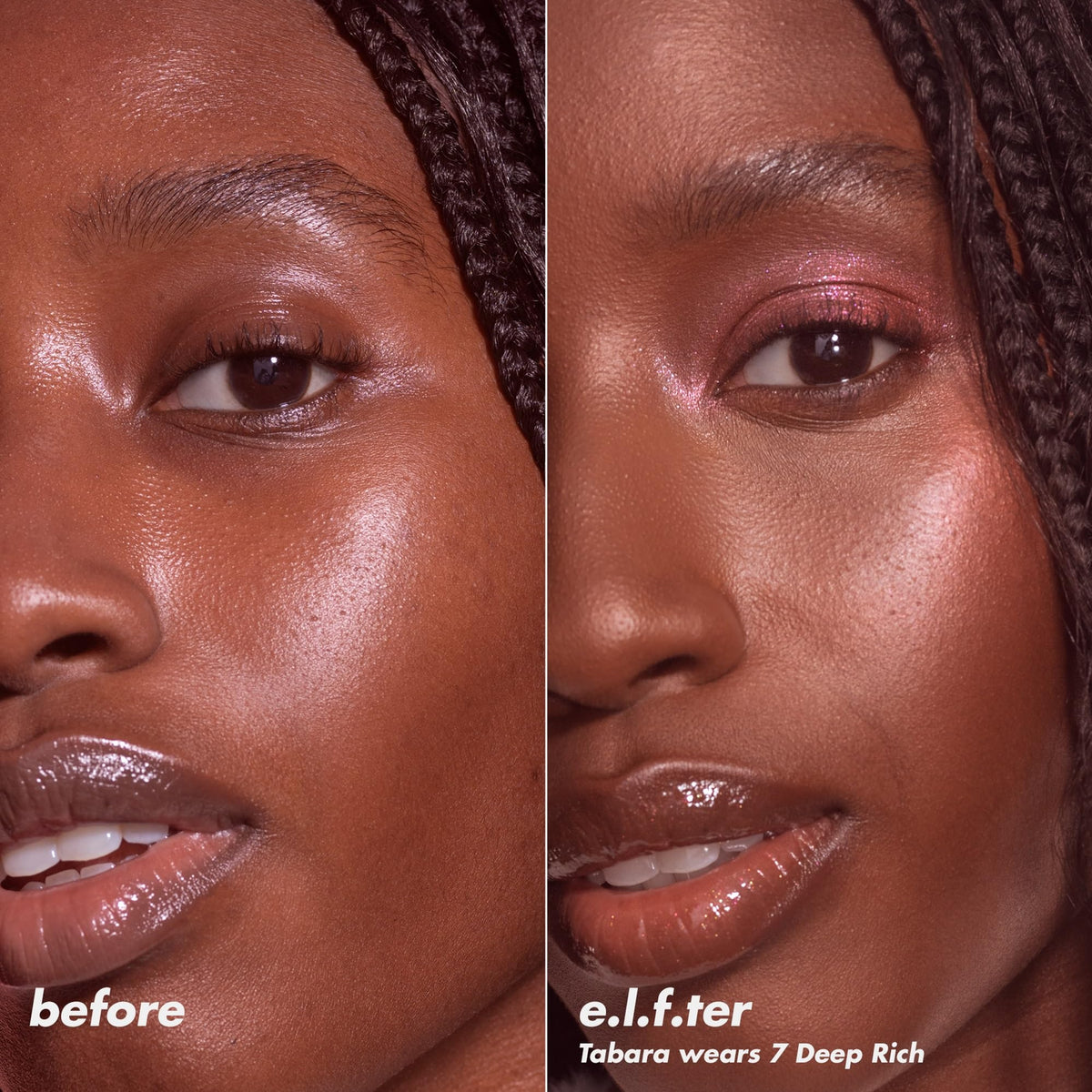 e.l.f. split-face before and after showing blurred pores and softer lines