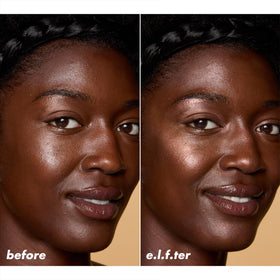 e.l.f. model showing cheekbone glow to illustrate wearable luminous finish