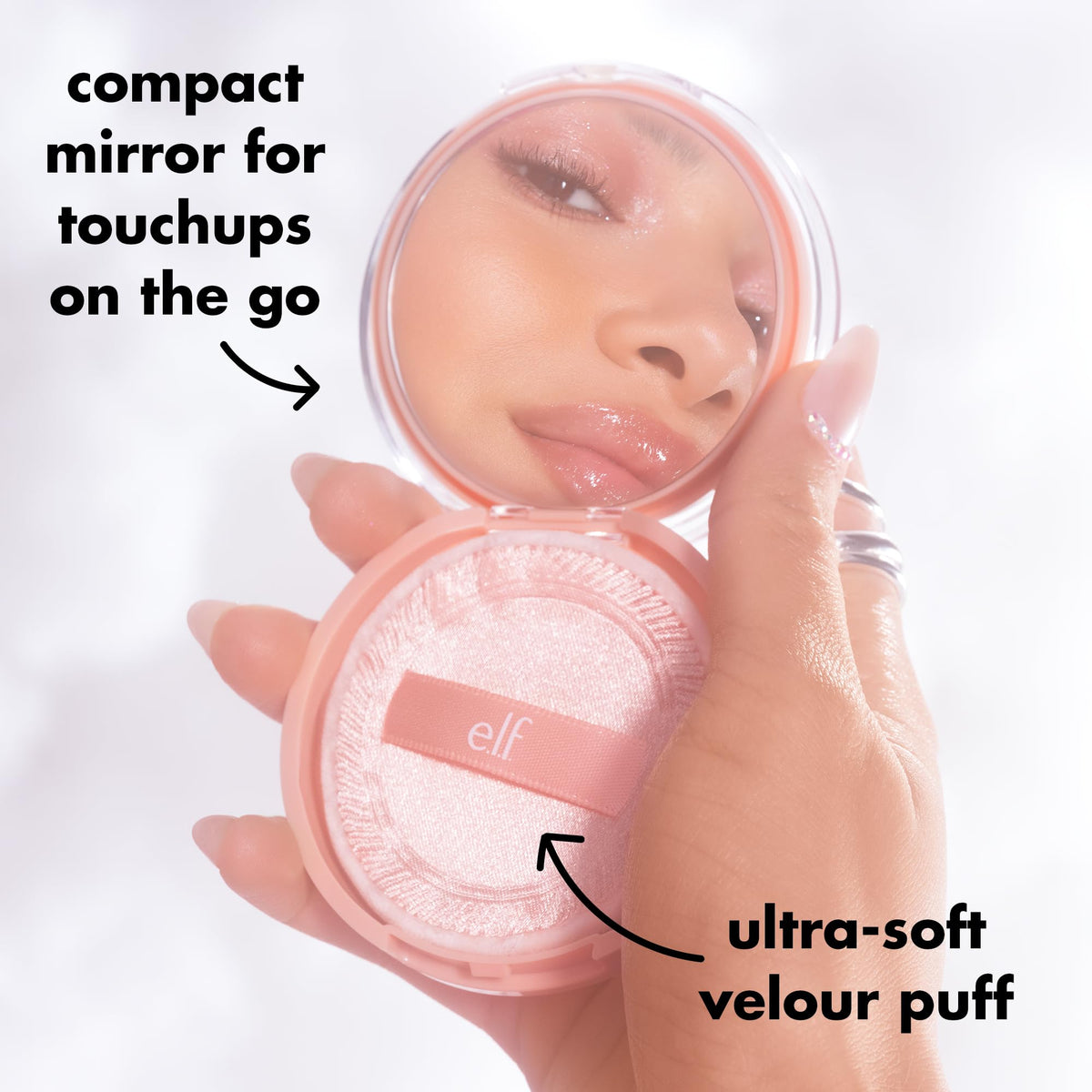 e.l.f. compact inside makeup bag in lifestyle scene showing everyday use