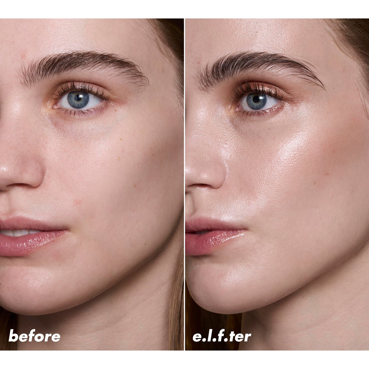 e.l.f. Halo Glow Liquid Filter bottle staged in bathroom showing everyday skincare-makeup use