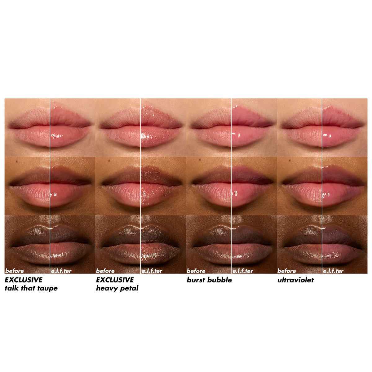 e.l.f. Heavy Petal gloss reflecting light to show sheer shimmer and hydrated look