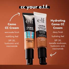e.l.f. Hydrating Camo CC Cream next to hand to show product size and easy portability