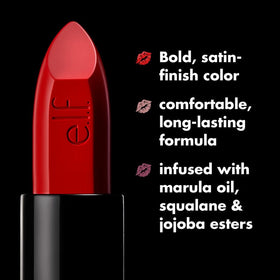 e.l.f. model wearing lipstick showing satin color payoff and comfortable wear benefit
