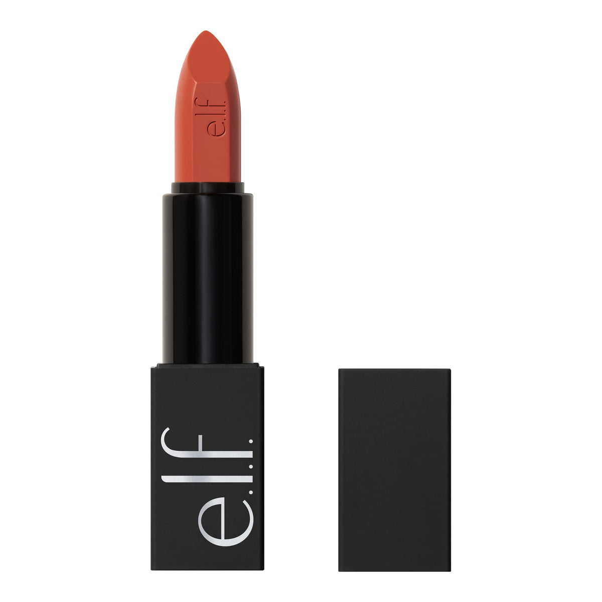 e.l.f. O Face Satin Lipstick front packaging showing shade and magnetic cap for travel convenience