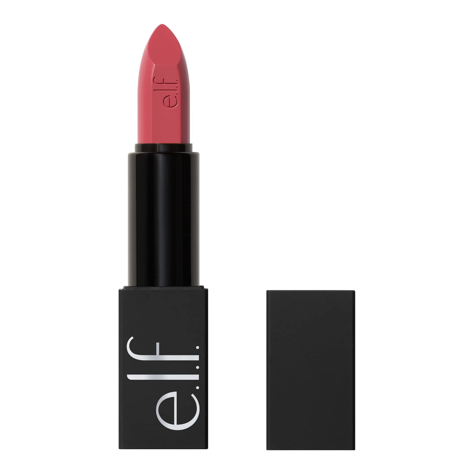 e.l.f. O Face Satin Lipstick front packaging shows luxe tube and bold shade