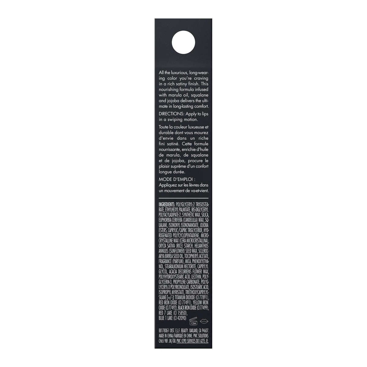 e.l.f. O Face Satin Lipstick size scale with hand displays compact, travel-friendly tube