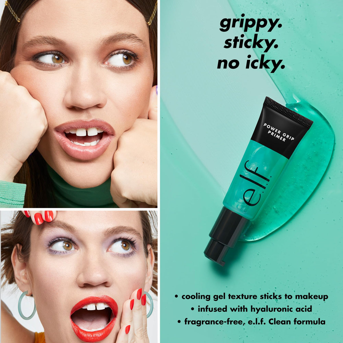e.l.f. Power Grip gel texture close-up showing smooth translucent formula for even application