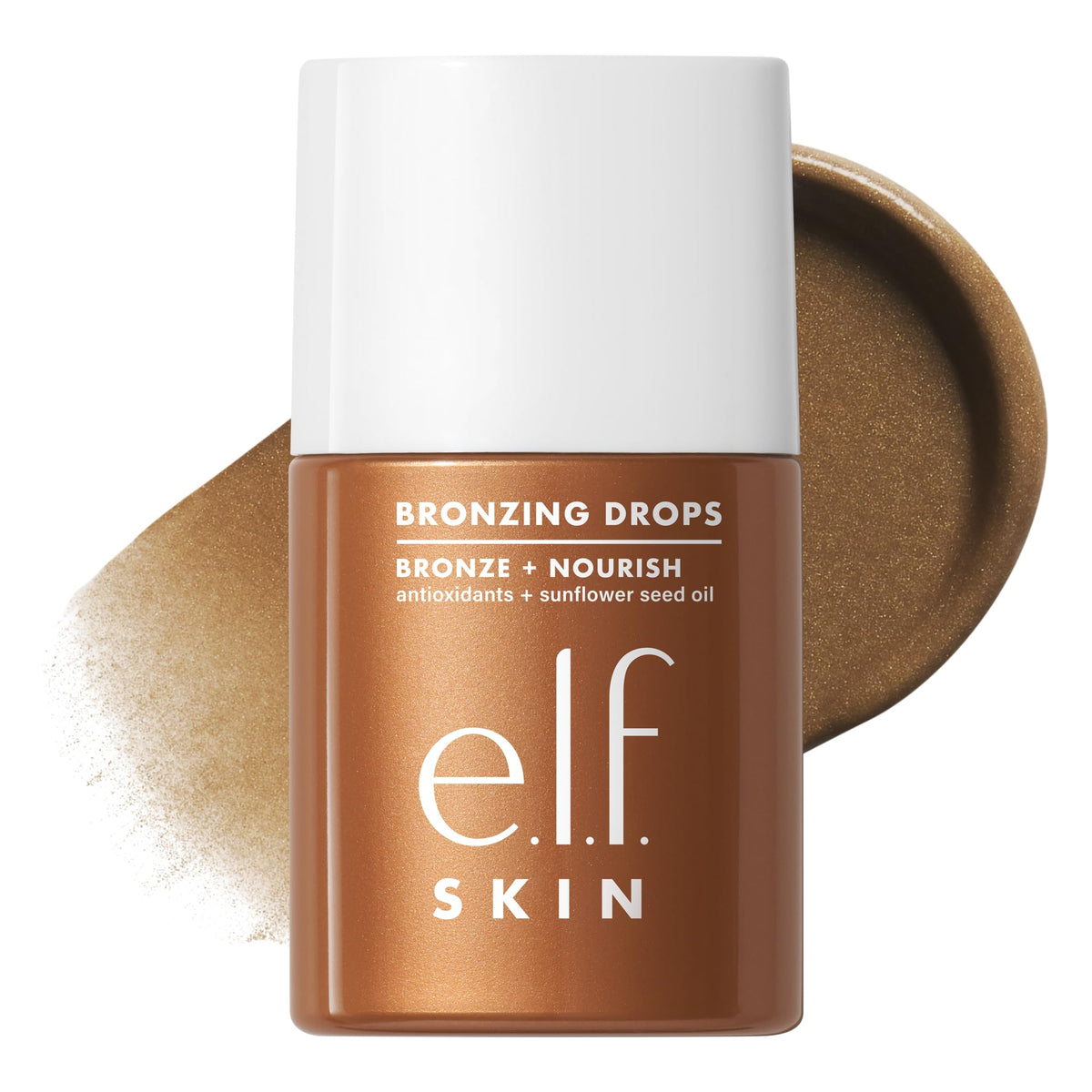 e.l.f. SKIN bronzing drops front bottle showing copper gold shade and pump for convenient use