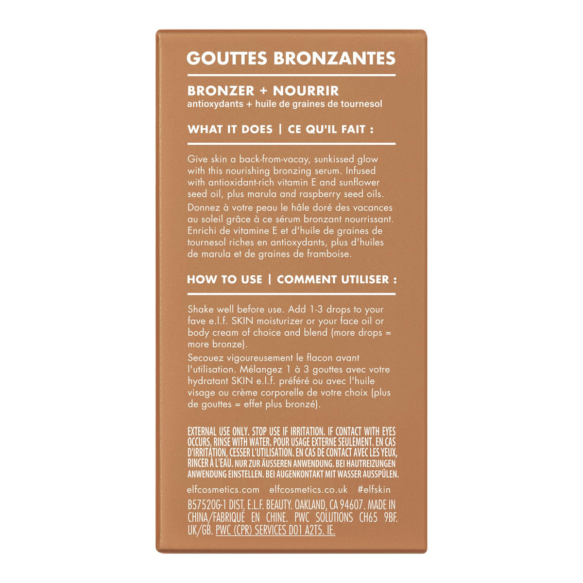 e.l.f. SKIN bronzing drops in a beach bag lifestyle shot implying on-the-go glow
