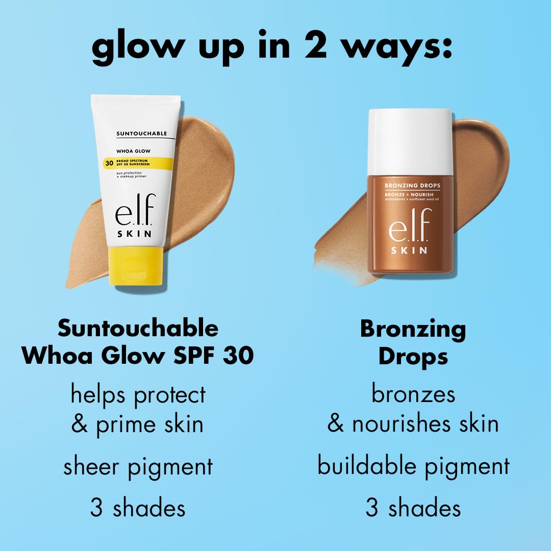 e.l.f. SKIN bronzing drops next to moisturizer tube to show product size and mixing ratio