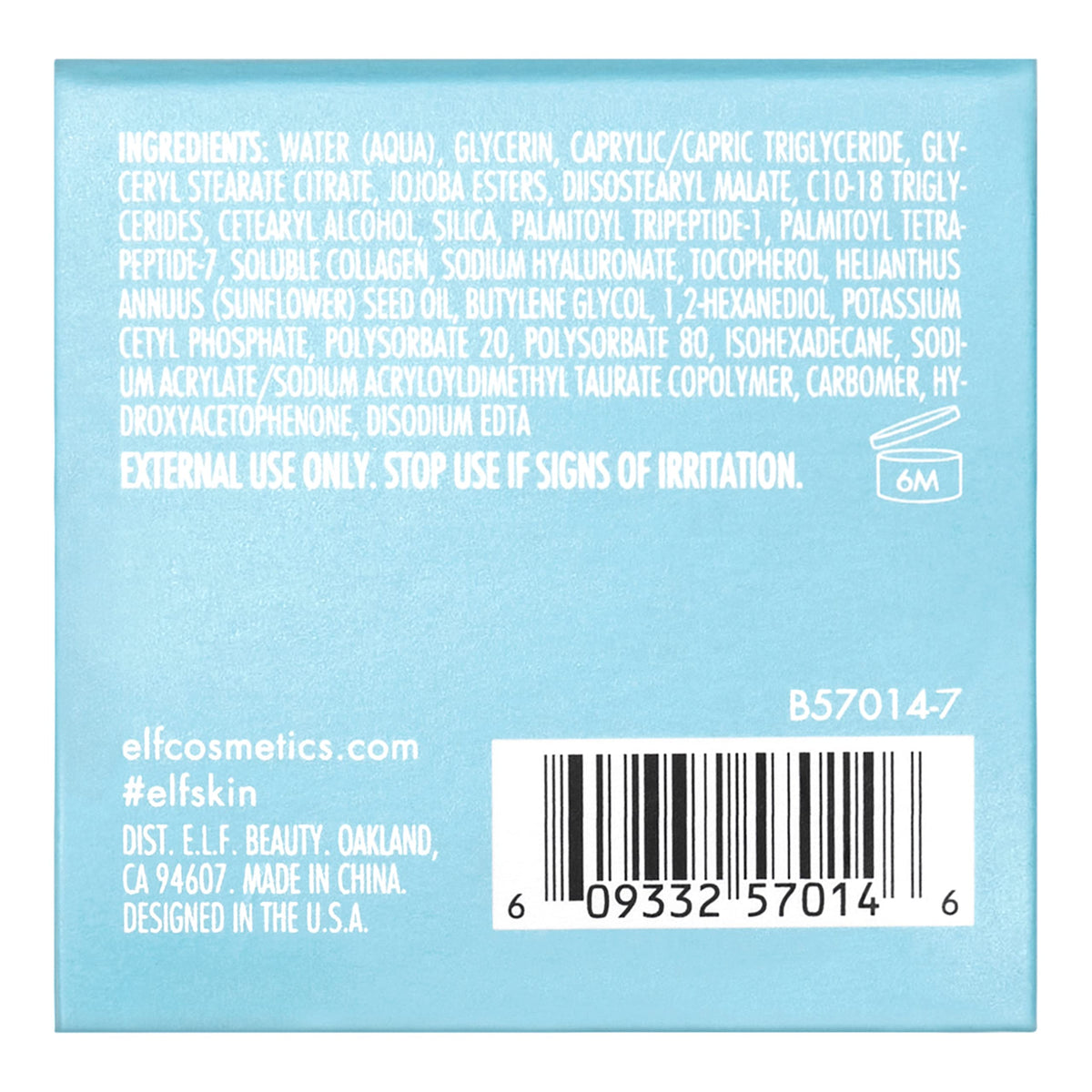 close-up of e.l.f. SKIN label detailing hyaluronic acid and vegan, cruelty-free benefit