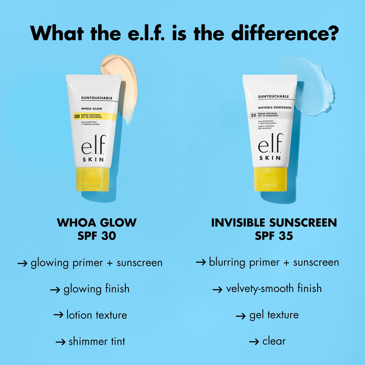 e.l.f. Suntouchable ingredients label highlighting aloe and meadowfoam seed benefits