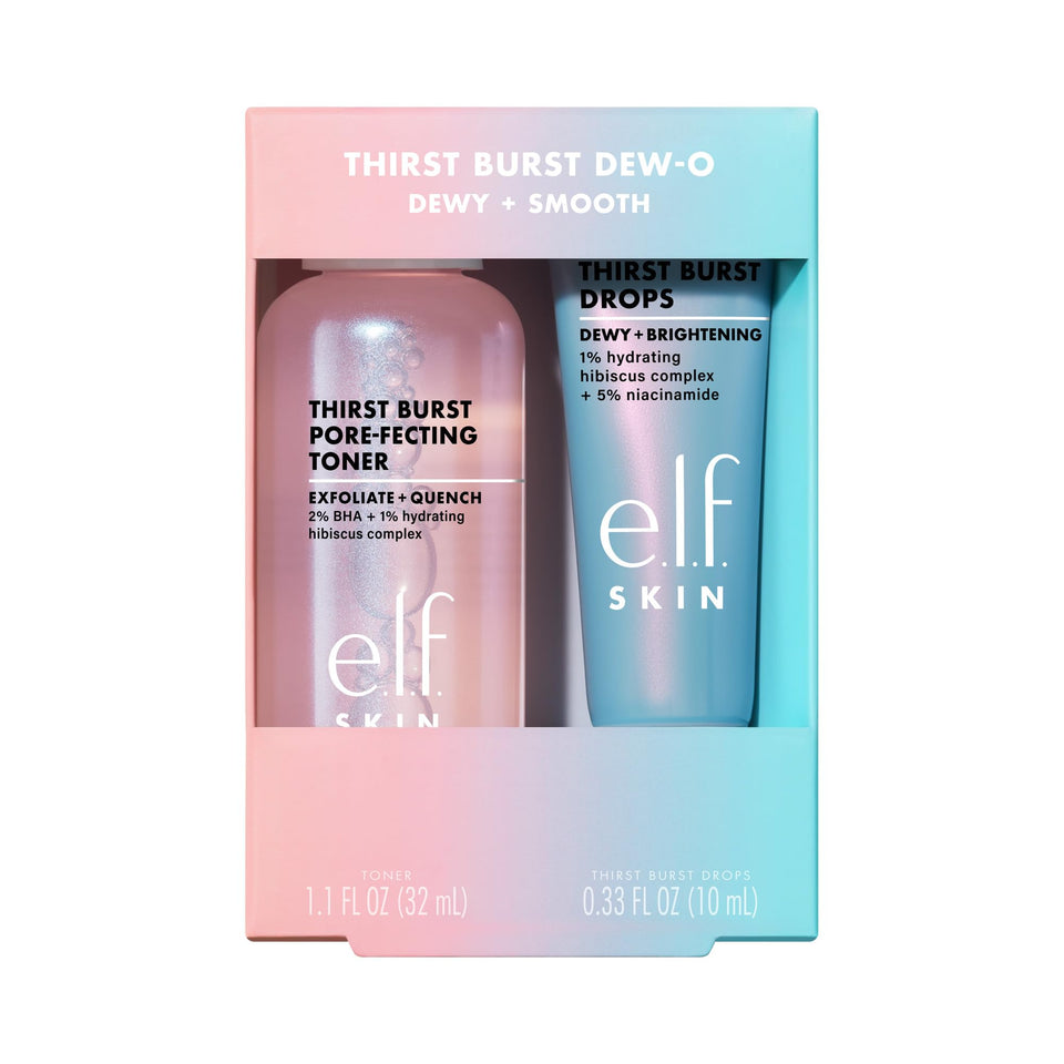 e.l.f. front packaging of Dew-O travel kit showing compact duo and benefit