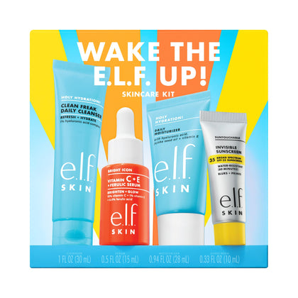 e.l.f. front packaging of the mini wake the e.l.f. up kit shows contents and travel convenience