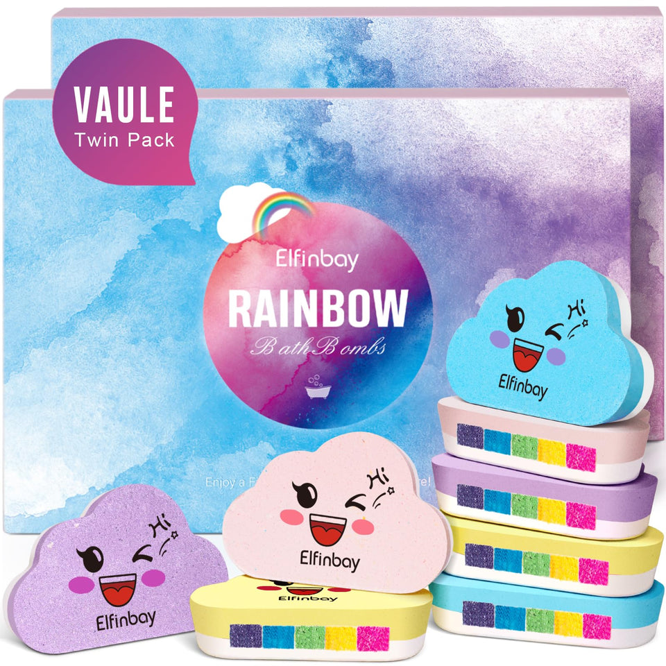 Elfinbay front packaging showing colorful bath bomb gift set and benefits