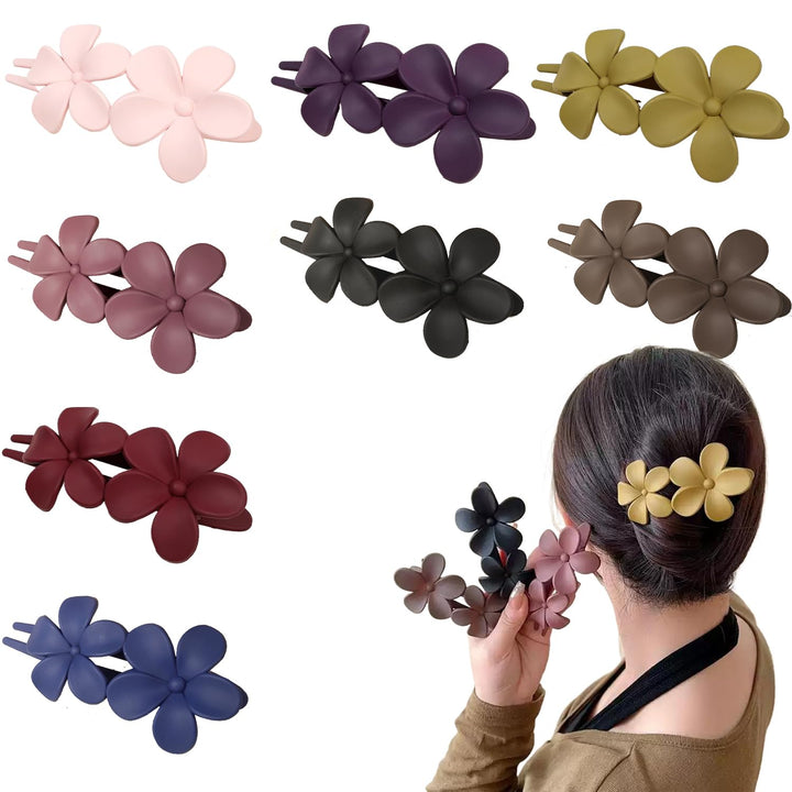Eliongpu front packaging showing eight matte flower flat hair clips and colorful set benefits