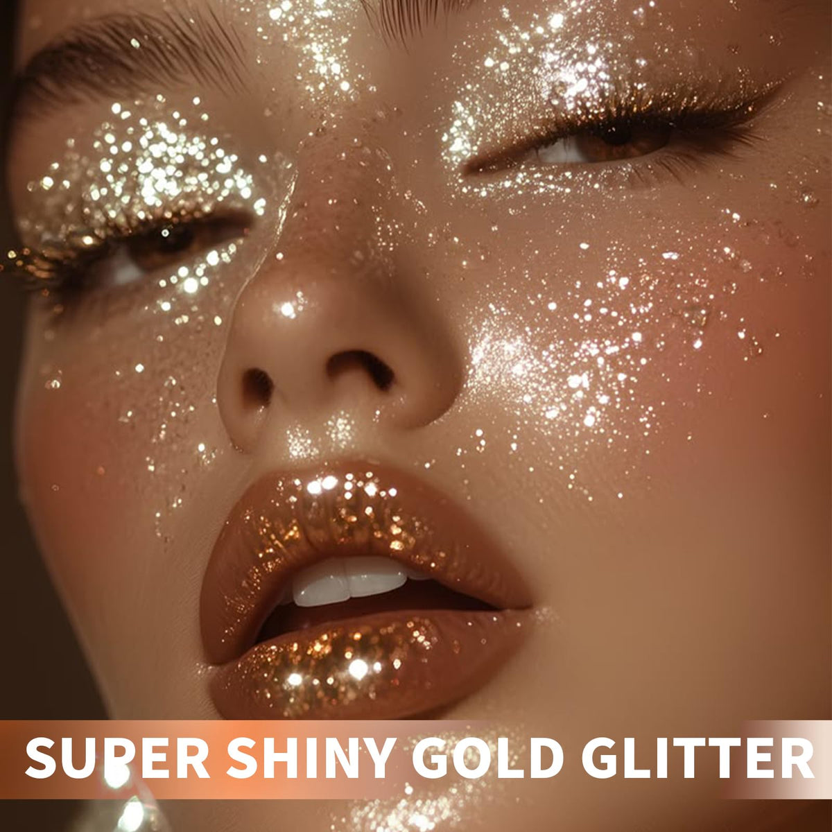 Elitles Made gold glitter texture on skin close-up, shows dense holographic sparkle