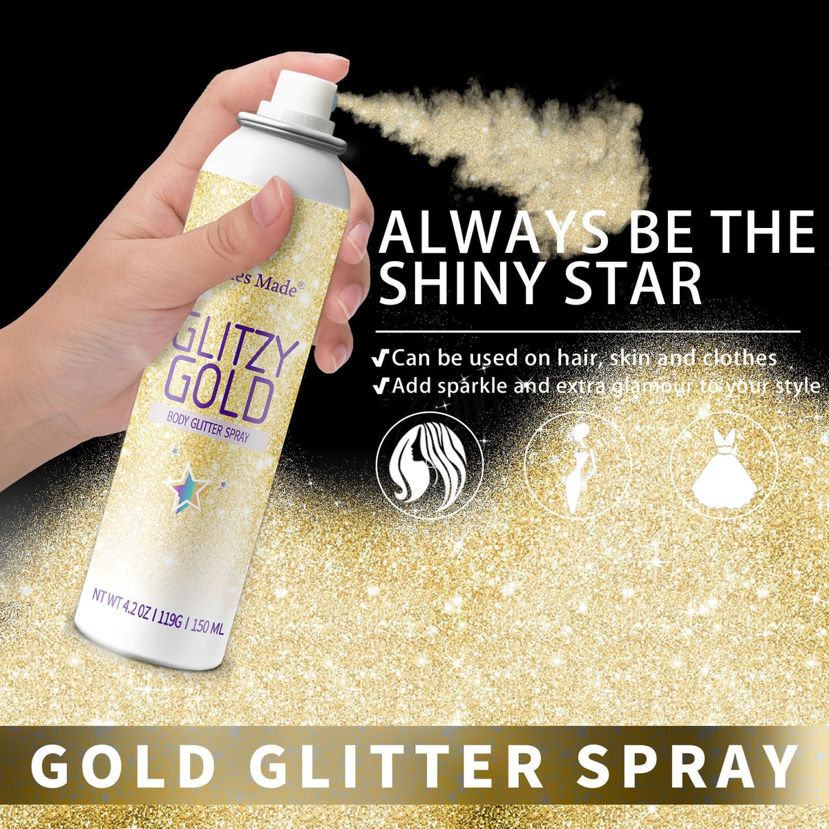 Elitles Made nozzle close-up while spraying glitter, demonstrates fine mist delivery