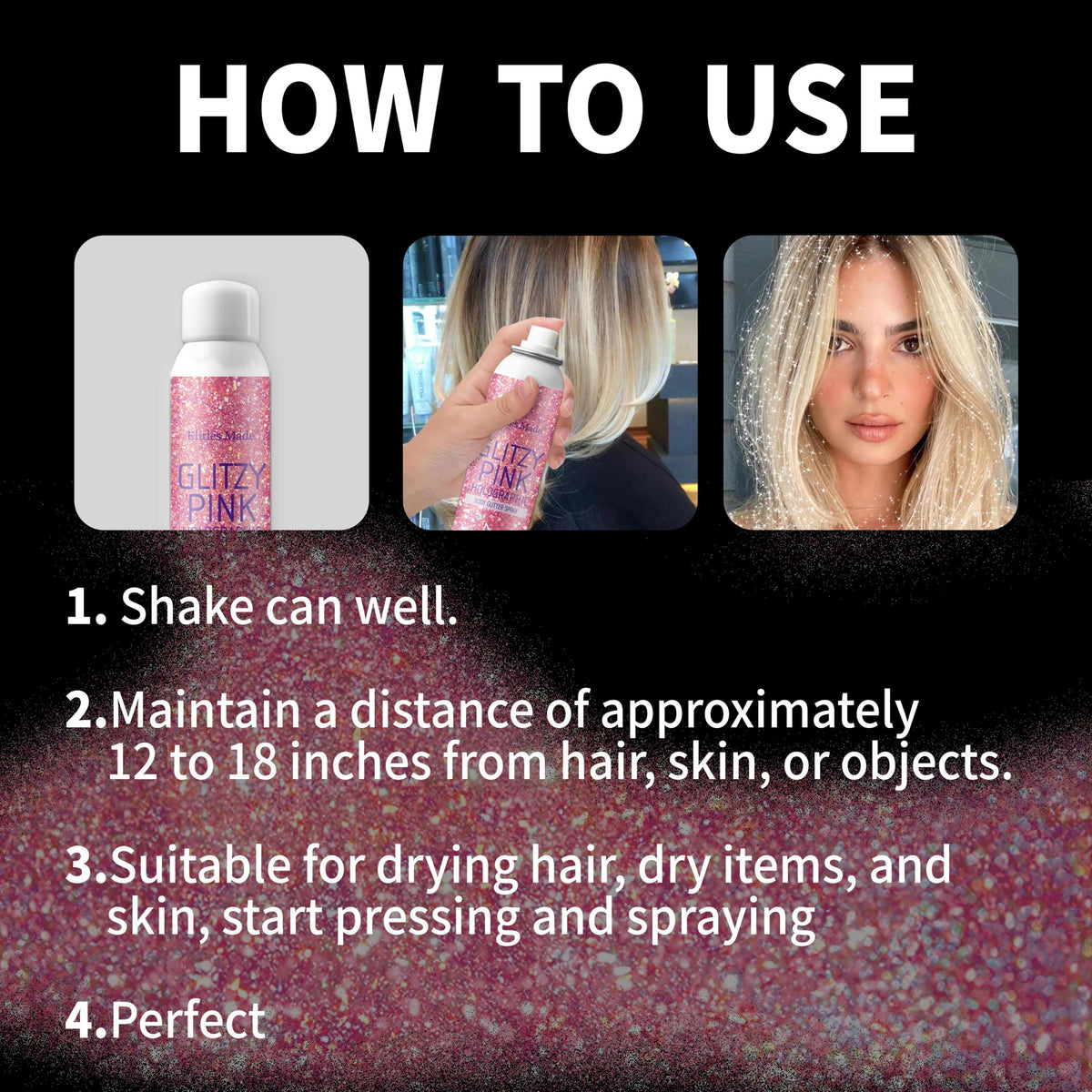Elitles Made spray swatch on arm demonstrating even holographic sparkle coverage
