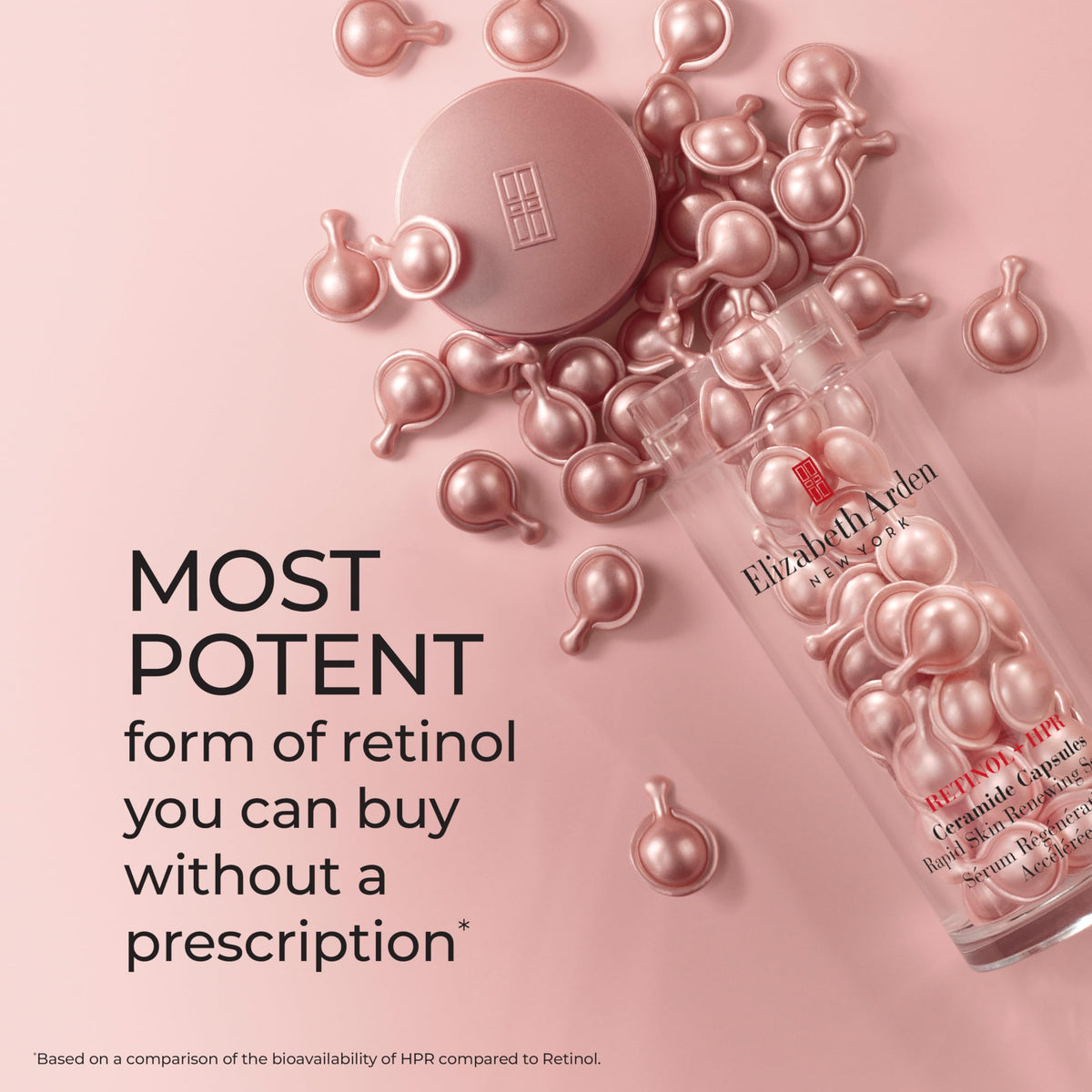 Elizabeth Arden three capsules on fingertip showing size and measured dosing