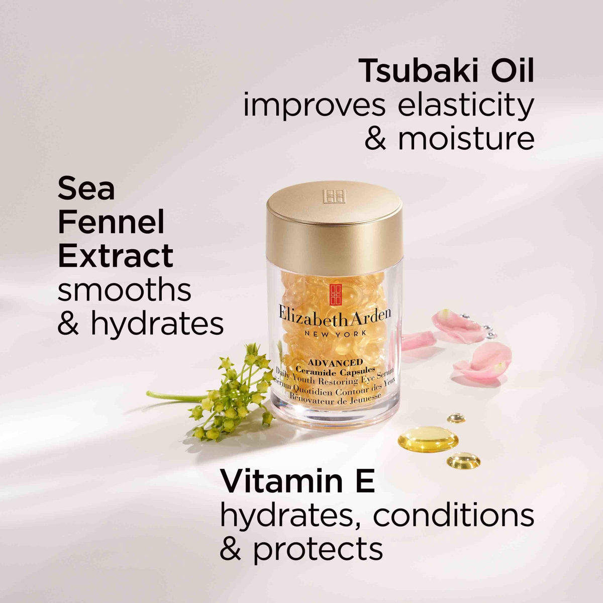 Elizabeth Arden capsules staged on vanity with skincare items benefit: integrates into routine