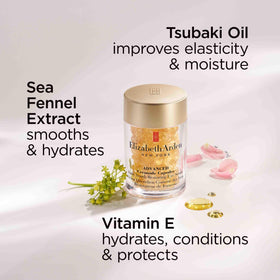 Elizabeth Arden capsules staged on vanity with skincare items benefit: integrates into routine