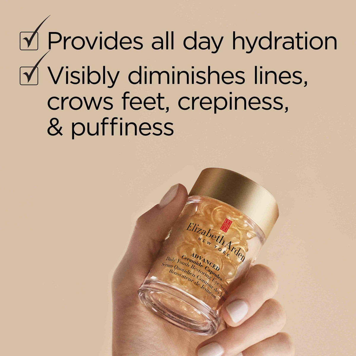 Elizabeth Arden capsule material visual showing biodegradable texture benefit: eco-conscious choice