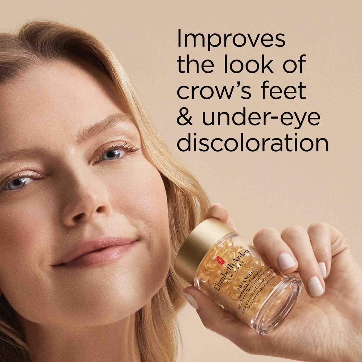 Elizabeth Arden demonstration applying serum around eye for smoothing benefit: gentle application