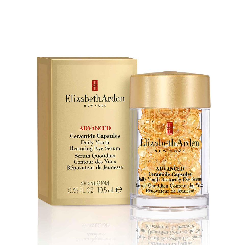 Elizabeth Arden front packaging view showing compact 60-count capsule box benefit: travel-ready