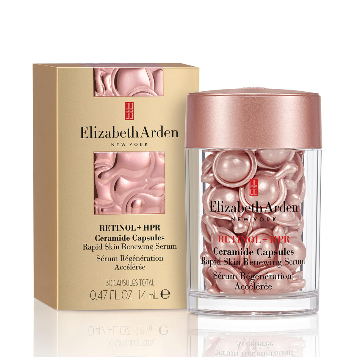 Elizabeth Arden front packaging showing capsule jar and benefits