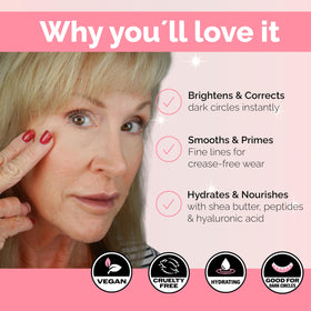 Elizabeth Mott application demo under eye with finger showing easy layering
