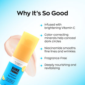 Elizabeth Mott applying cream under eye illustrating de‑puffing benefit