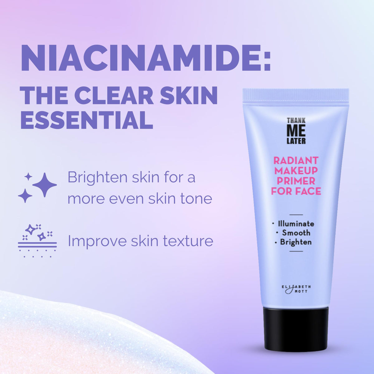 Elizabeth Mott ingredient list label close-up showing niacinamide mention