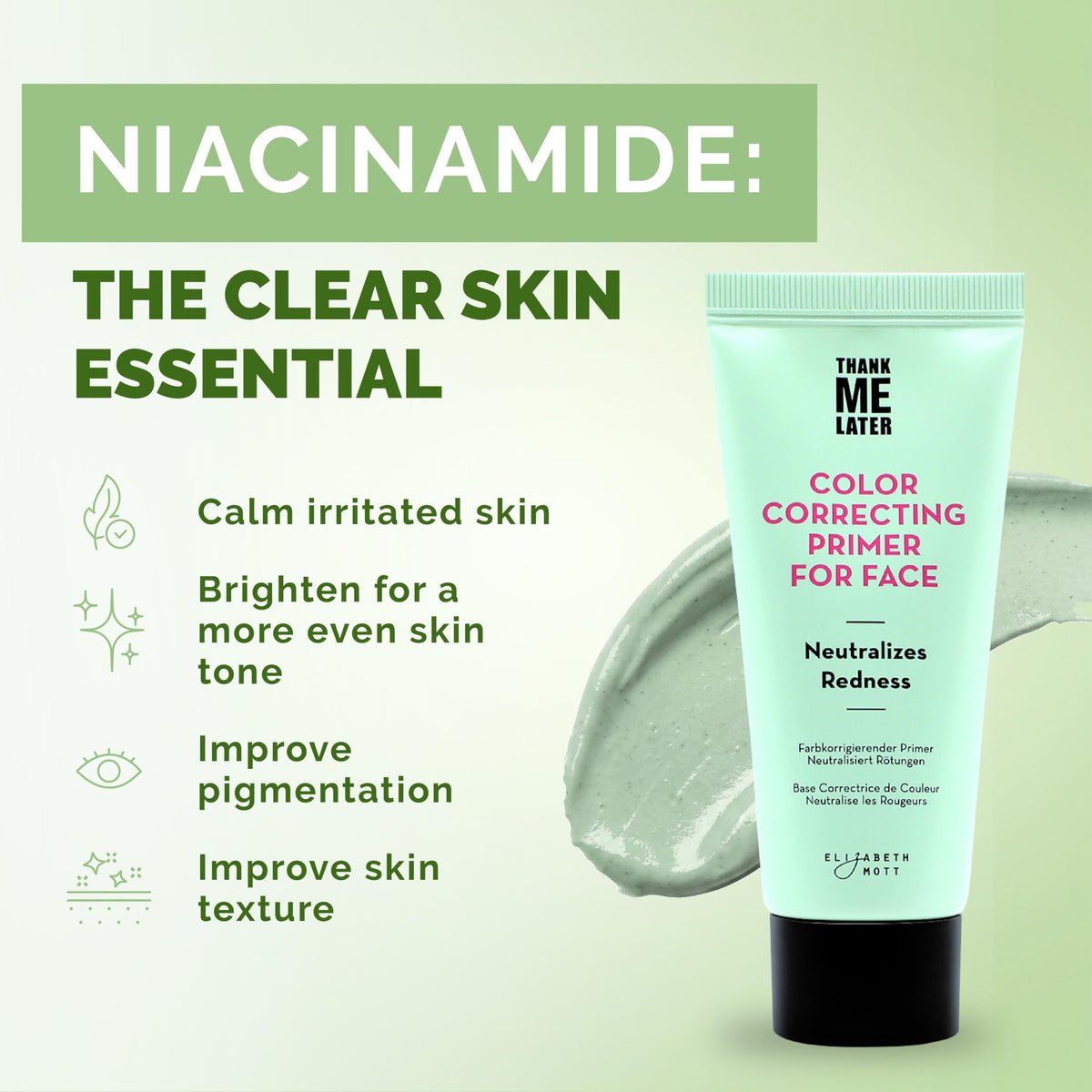 Elizabeth Mott close-up of creamy green primer texture highlighting blendability