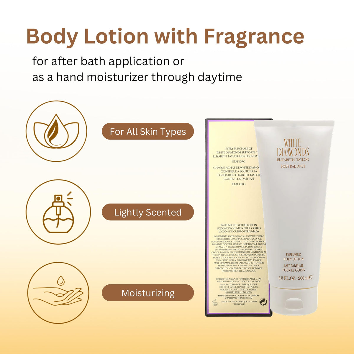 Elizabeth Taylor ingredients label close-up showing fragrance and details
