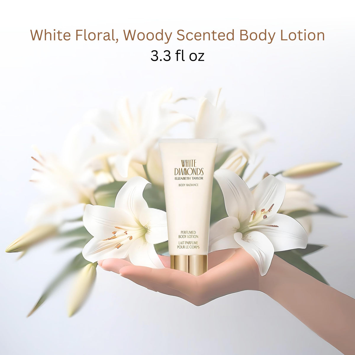 Elizabeth Taylor White Diamonds lotion texture close-up highlights creamy moisturizing finish