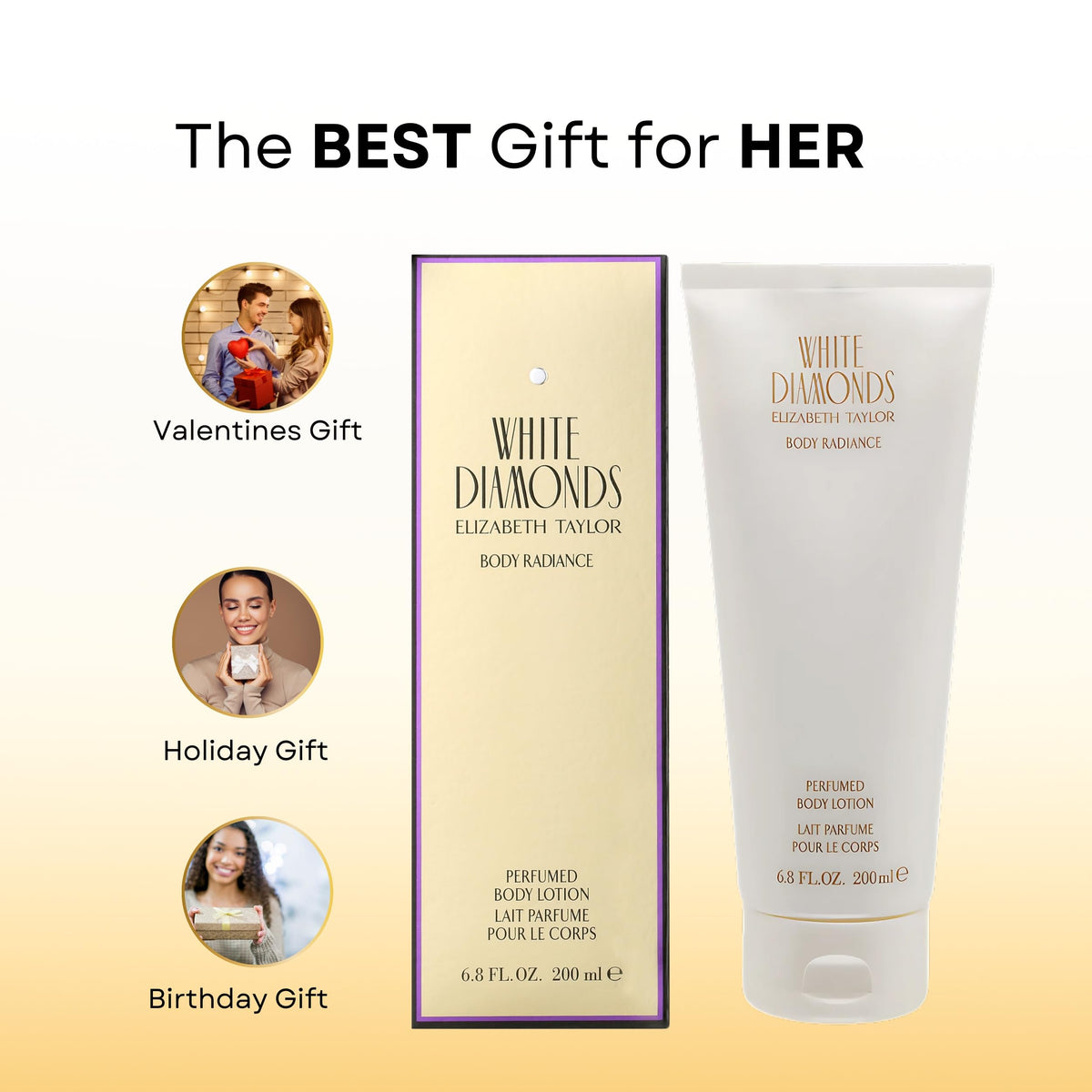 Elizabeth Taylor lotion in hand showing 6.8-ounce size and portability