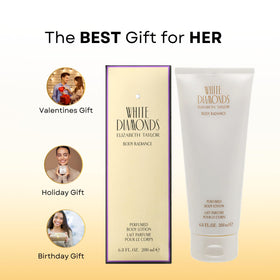 Elizabeth Taylor lotion in hand showing 6.8-ounce size and portability