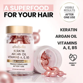 ELLA BELLA applying serum to hair ends to reduce frizz and improve softness benefit manageability