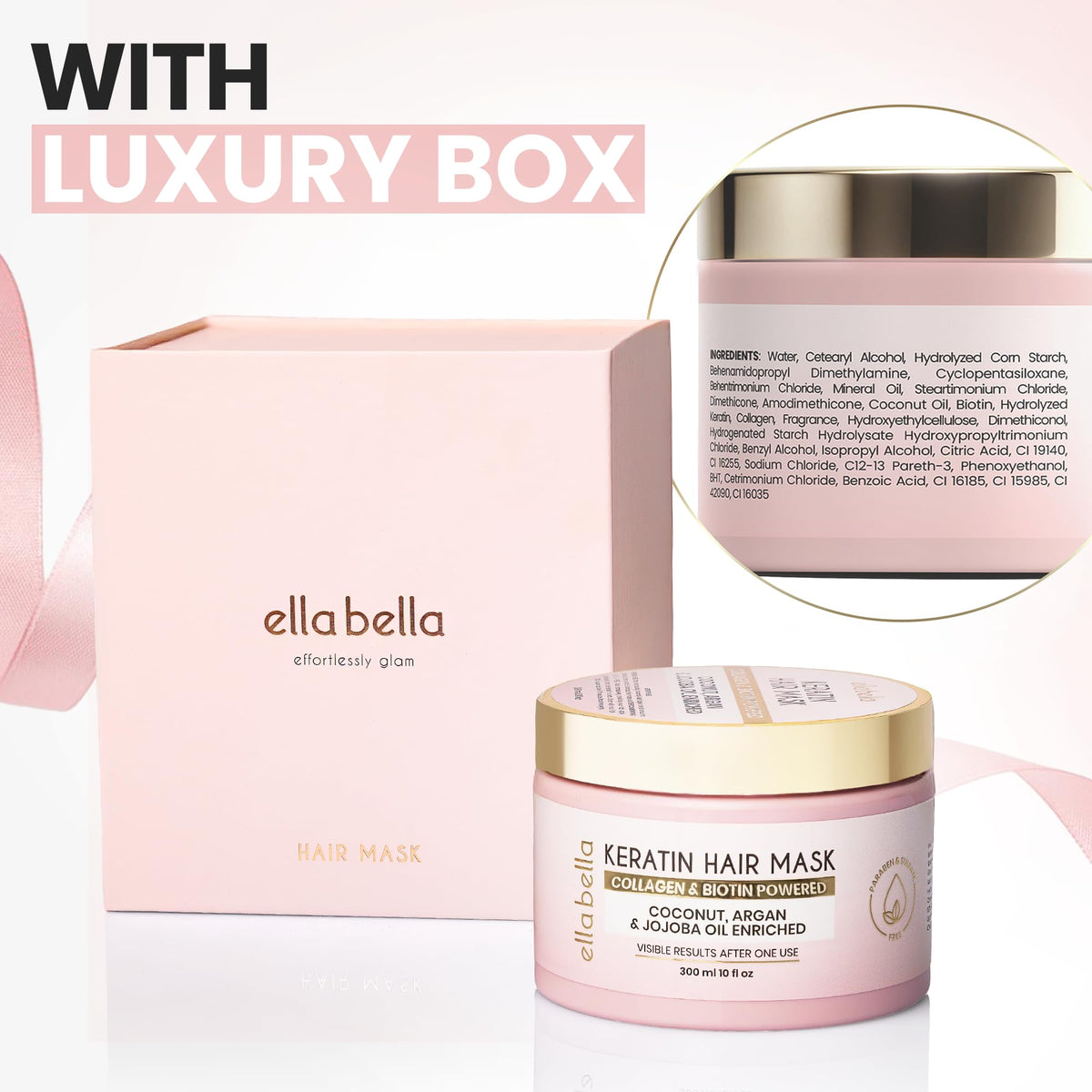ELLA BELLA label close-up displaying keratin and ingredient benefits