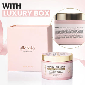 ELLA BELLA label close-up displaying keratin and ingredient benefits
