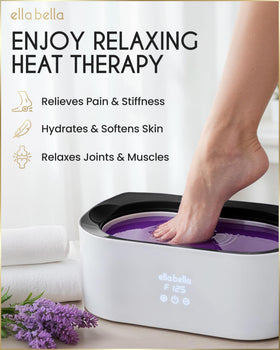 ELLA BELLA close-up of lavender wax pouring into bath, smooth texture for softening skin