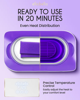 ELLA BELLA open basin close-up showing melted wax texture and safe temperature display