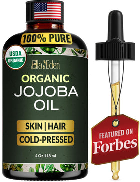 Ella & Eden front label showing organic jojoba oil, clear branding and benefit