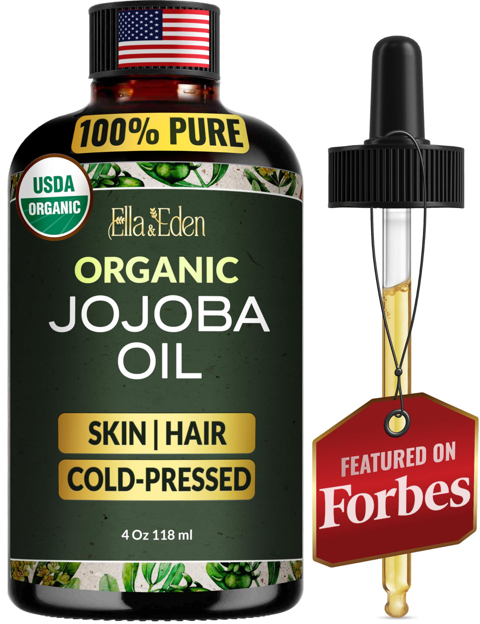 Ella & Eden front label showing organic jojoba oil, clear branding and benefit
