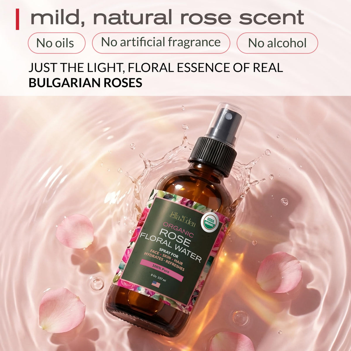 Ella & Eden rose petals and steam-distillation setup highlighting pure sourcing