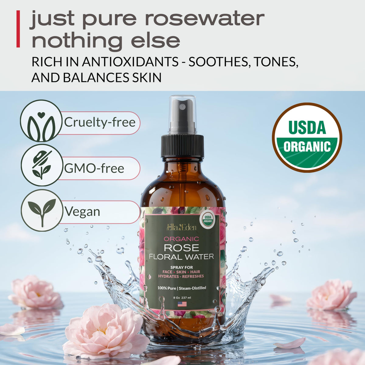 Ella & Eden amber bottle label visible, preserving rose water freshness and quality